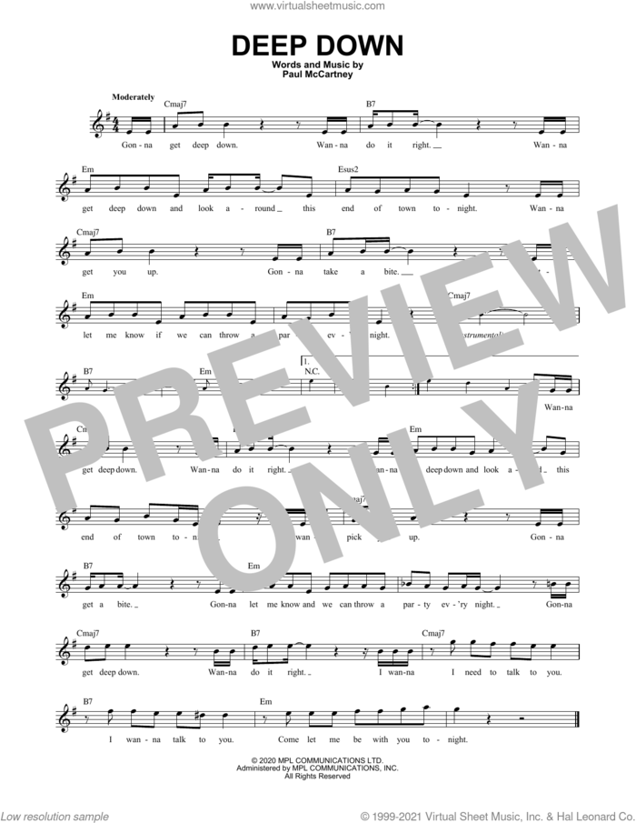 Deep Down sheet music for voice and other instruments (fake book) by Paul McCartney, intermediate skill level