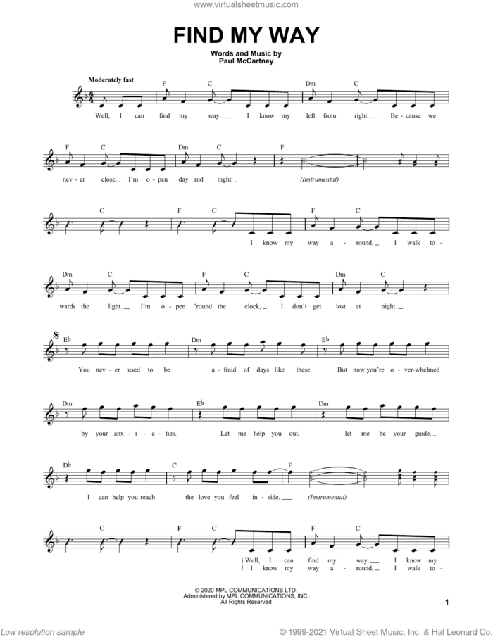Find My Way sheet music for voice and other instruments (fake book) by Paul McCartney, intermediate skill level