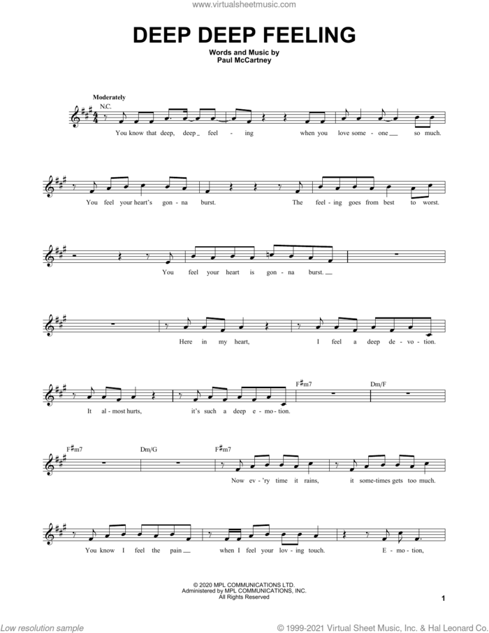 Deep Deep Feeling sheet music for voice and other instruments (fake book) by Paul McCartney, intermediate skill level