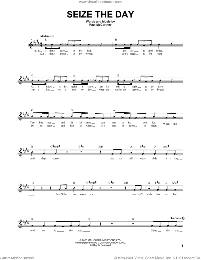 Seize The Day sheet music for voice and other instruments (fake book) by Paul McCartney, intermediate skill level