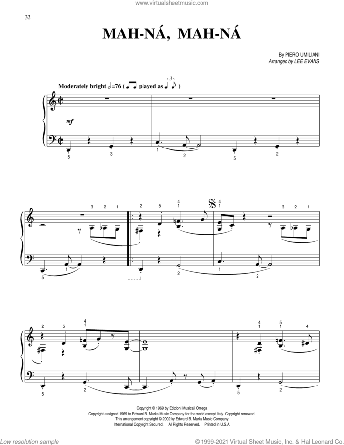 Mah-Na Mah-Na (arr. Lee Evans) sheet music for piano solo by Piero Umiliani and Lee Evans, intermediate skill level