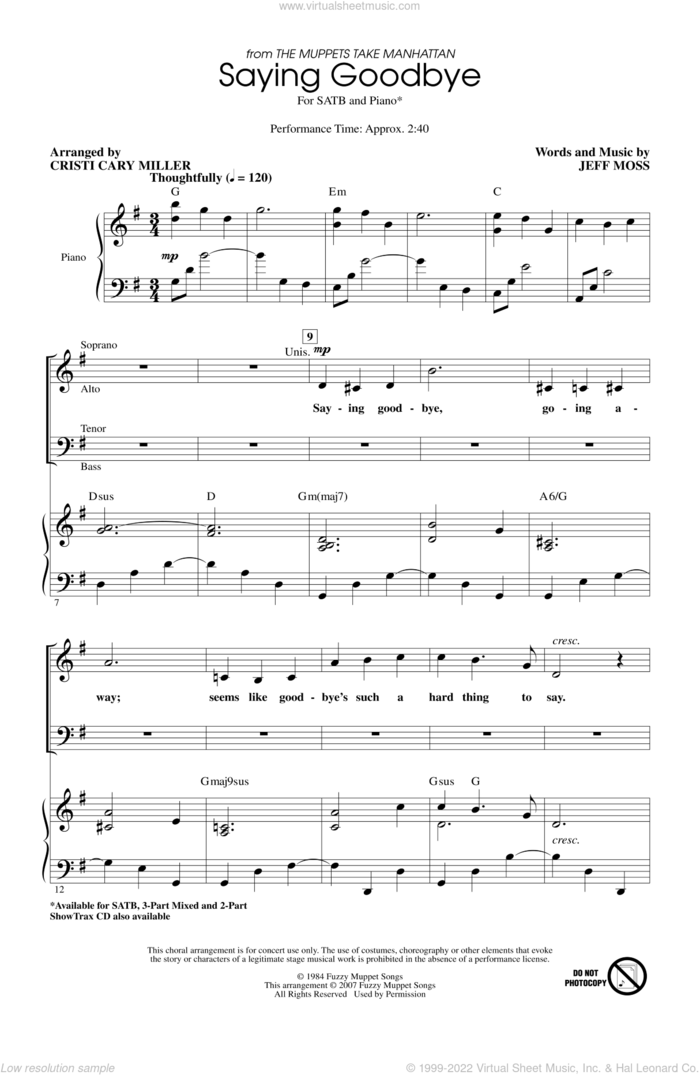 Saying Goodbye (from The Muppets Take Manhattan) (arr. Cristi Cary Miller) sheet music for choir (SATB: soprano, alto, tenor, bass) by Jeff Moss and Cristi Cary Miller, intermediate skill level