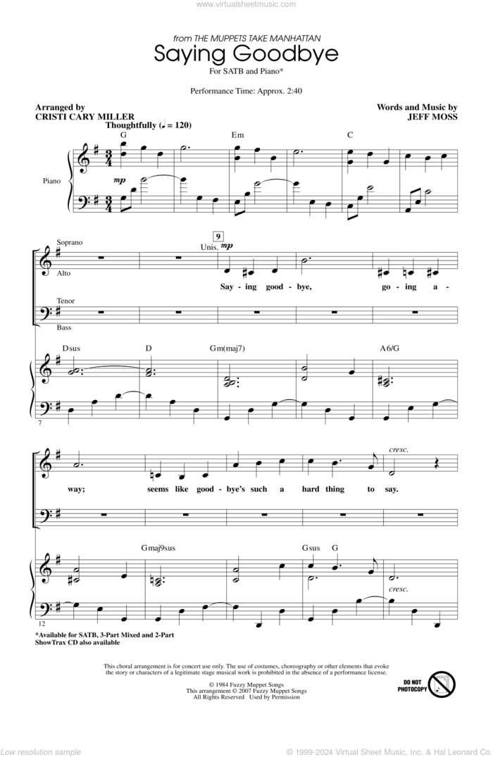 Saying Goodbye (from The Muppets Take Manhattan) (arr. Cristi Cary Miller) sheet music for choir (SATB: soprano, alto, tenor, bass) by Jeff Moss and Cristi Cary Miller, intermediate skill level