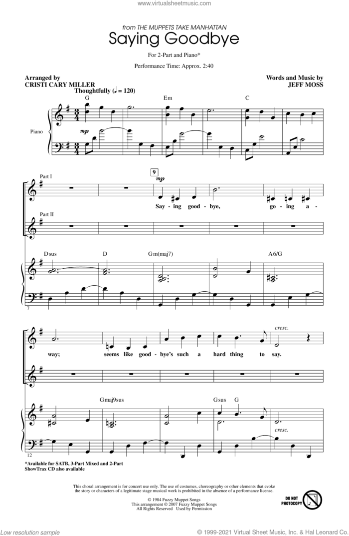 Saying Goodbye (from The Muppets Take Manhattan) (arr. Cristi Cary Miller) sheet music for choir (2-Part) by Jeff Moss and Cristi Cary Miller, intermediate duet