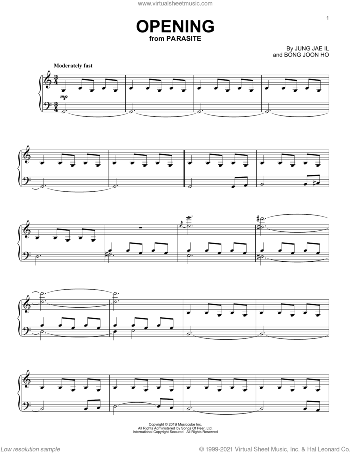 Opening (from Parasite) sheet music for piano solo by Jung Jaeil and Bong Joon Ho, intermediate skill level