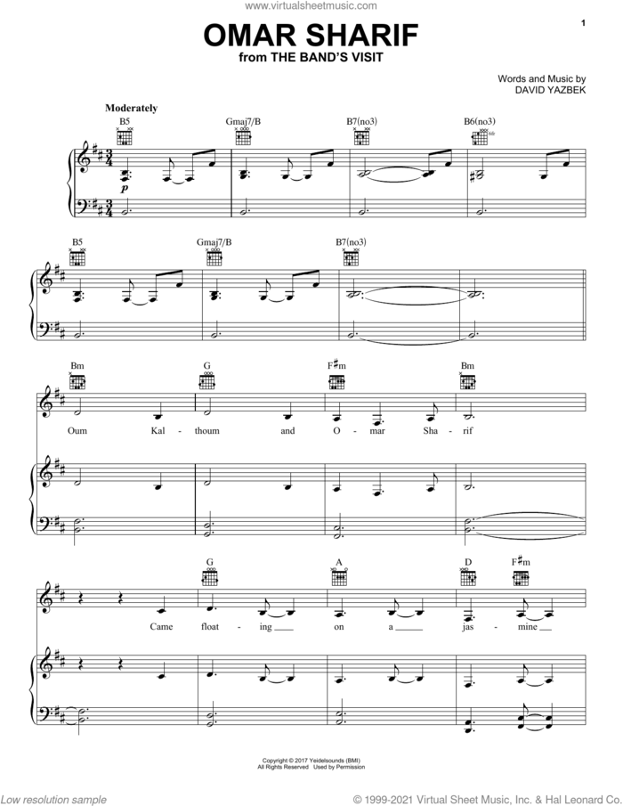 Omar Sharif (from The Band's Visit) sheet music for voice, piano or guitar by David Yazbek, intermediate skill level