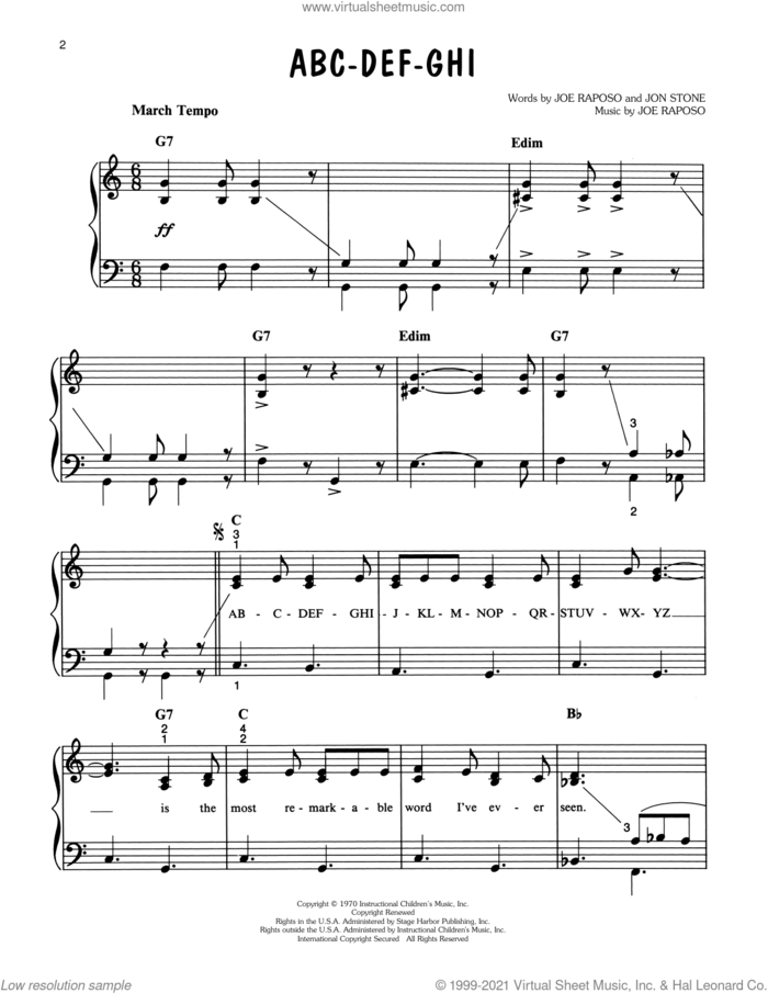 ABC-DEF-GHI (from Sesame Street) sheet music for piano solo by Big Bird, Jim Henson, Joe Raposo and Jon Stone, easy skill level
