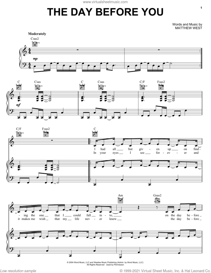 The Day Before You sheet music for voice, piano or guitar by Matthew West and Rascal Flatts, intermediate skill level