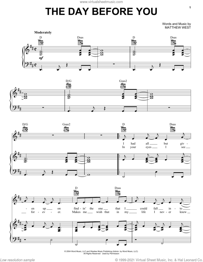 The Day Before You sheet music for voice, piano or guitar by Rascal Flatts and Matthew West, intermediate skill level