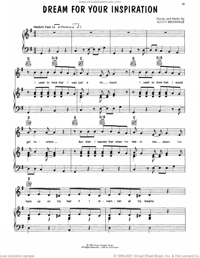 Dream For Your Inspiration (from Muppet Babies) sheet music for voice, piano or guitar by Jim Henson and Scott Brownlee, intermediate skill level