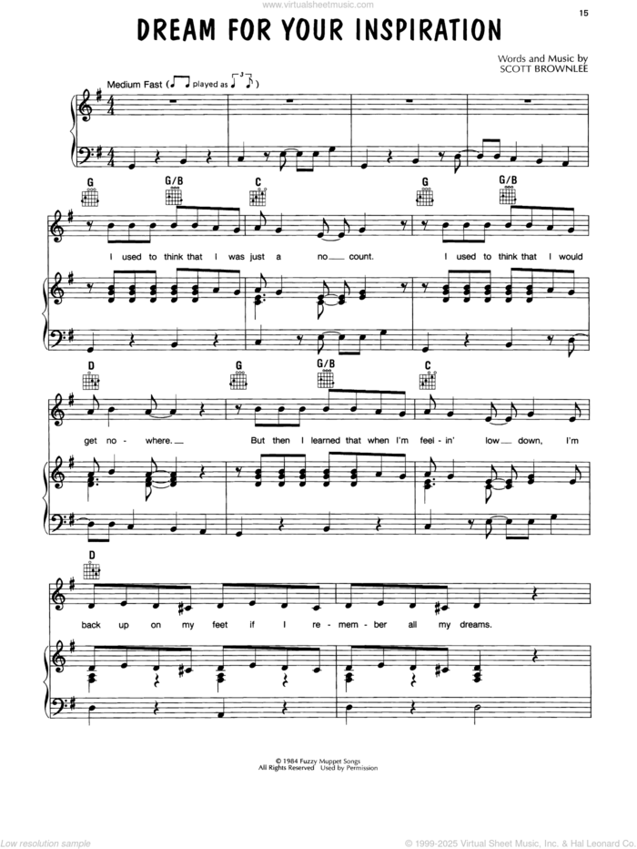 Dream For Your Inspiration (from Muppet Babies) sheet music for voice, piano or guitar by Jim Henson and Scott Brownlee, intermediate skill level