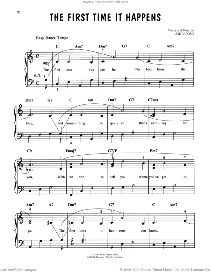 The First Time It Happens (from The Great Muppet Caper) sheet music for piano solo by Jim Henson and Joe Raposo, easy skill level