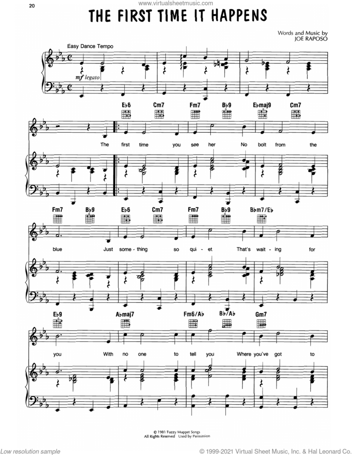 The First Time It Happens (from The Great Muppet Caper) sheet music for voice, piano or guitar by Jim Henson and Joe Raposo, intermediate skill level
