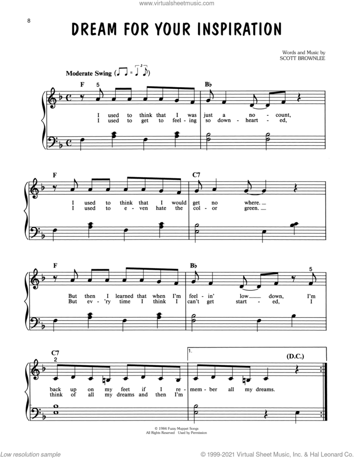 Dream For Your Inspiration (from Muppet Babies) sheet music for piano solo by Jim Henson and Scott Brownlee, easy skill level