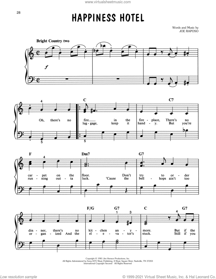 Happiness Hotel (from The Great Muppet Caper) sheet music for piano solo by Jim Henson and Joe Raposo, easy skill level