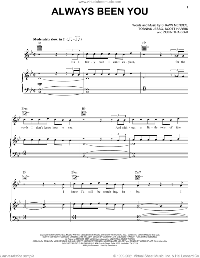 Always Been You sheet music for voice, piano or guitar by Shawn Mendes, Scott Harris, Tobias Jesso and Zubin Thakkar, intermediate skill level
