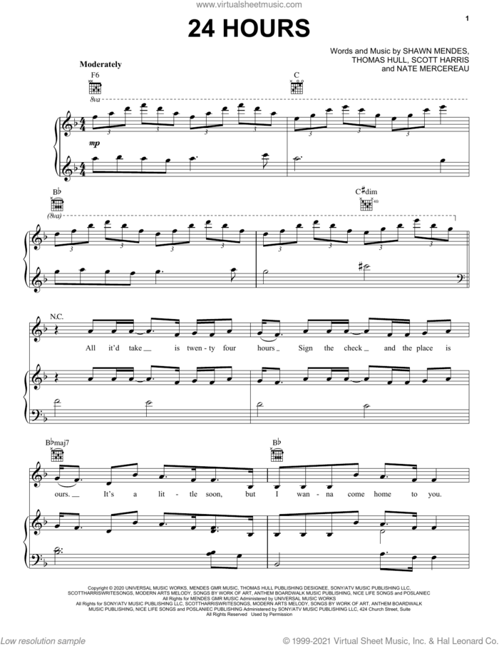 24 Hours sheet music for voice, piano or guitar by Shawn Mendes, Nate Mercereau, Scott Harris and Tom Hull, intermediate skill level