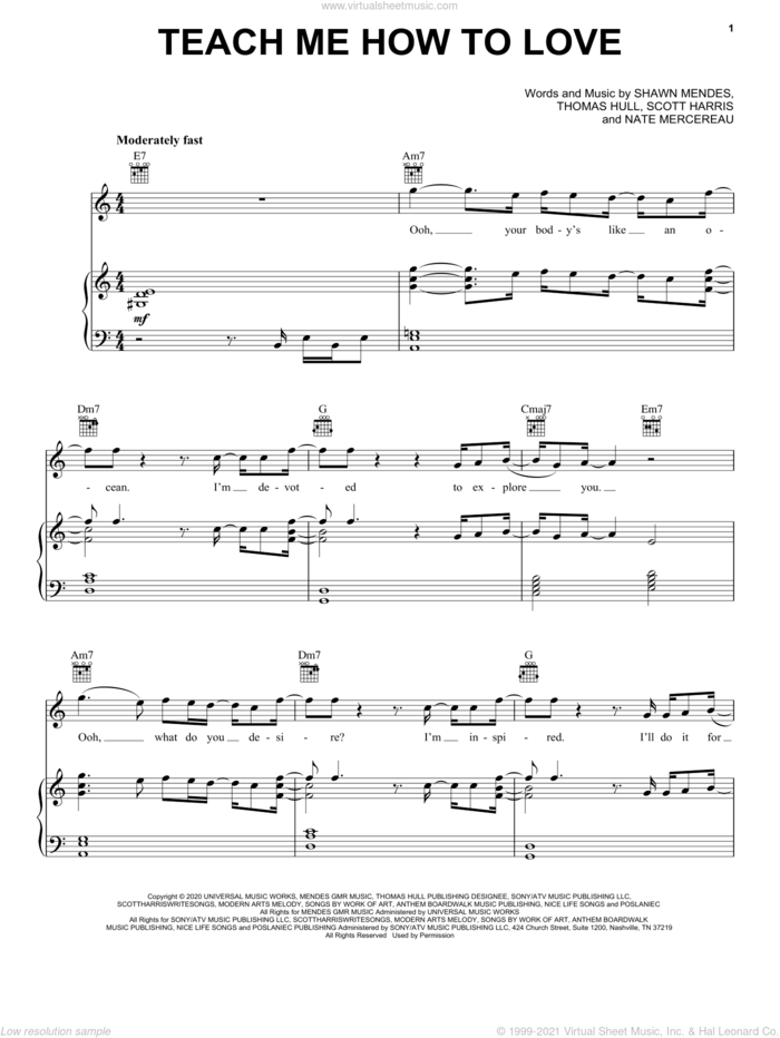 Teach Me How To Love sheet music for voice, piano or guitar by Shawn Mendes, Nate Mercereau, Scott Harris and Tom Hull, intermediate skill level