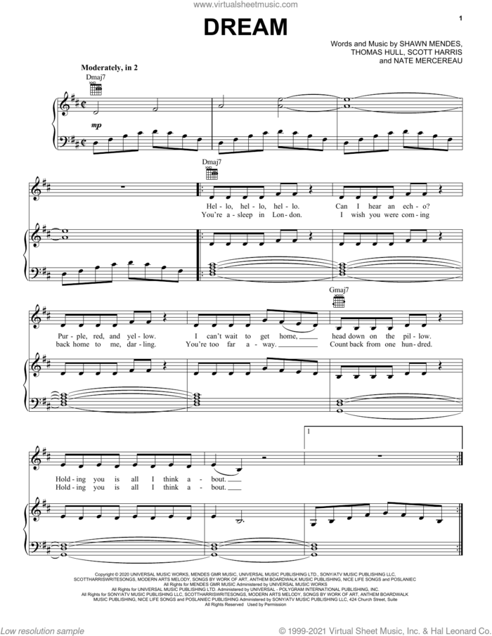 Dream sheet music for voice, piano or guitar by Shawn Mendes, Nate Mercereau, Scott Harris and Tom Hull, intermediate skill level