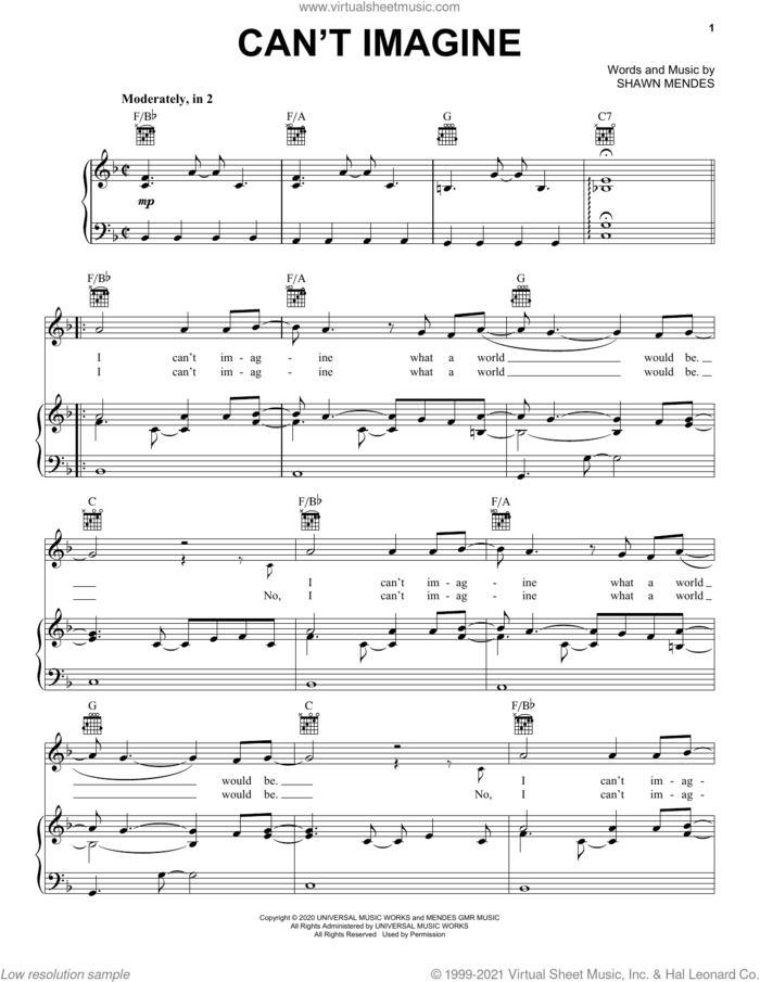 Can't Imagine sheet music for voice, piano or guitar by Shawn Mendes, intermediate skill level