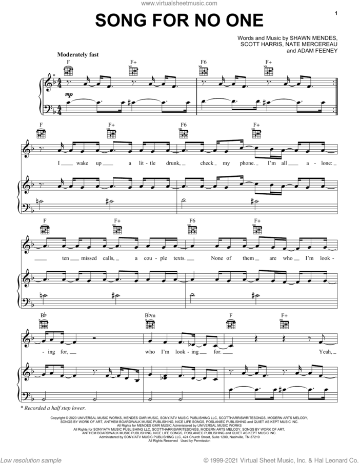Song For No One sheet music for voice, piano or guitar by Shawn Mendes, Adam Feeney, Nate Mercereau and Scott Harris, intermediate skill level