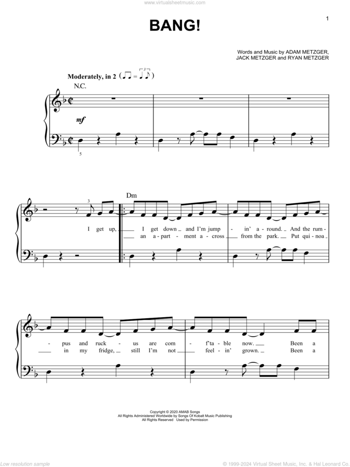 Bang! sheet music for piano solo by AJR, Adam Metzger, Jack Metzger and Ryan Metzger, easy skill level