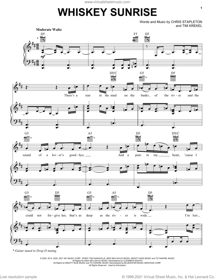 Whiskey Sunrise sheet music for voice, piano or guitar by Chris Stapleton and Tim Krekel, intermediate skill level