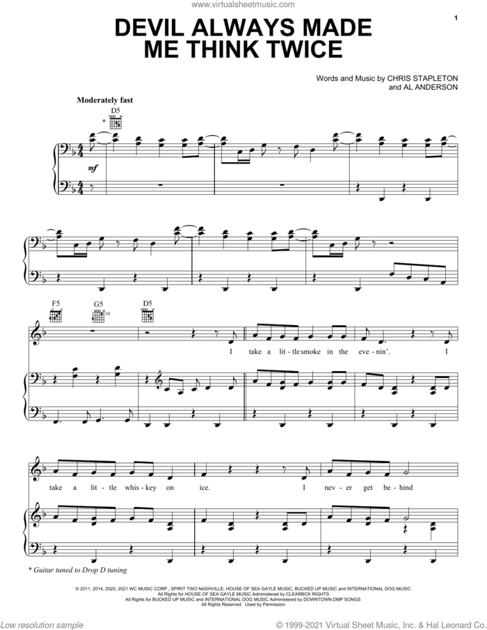 Devil Always Made Me Think Twice sheet music for voice, piano or guitar by Chris Stapleton and Al Anderson, intermediate skill level