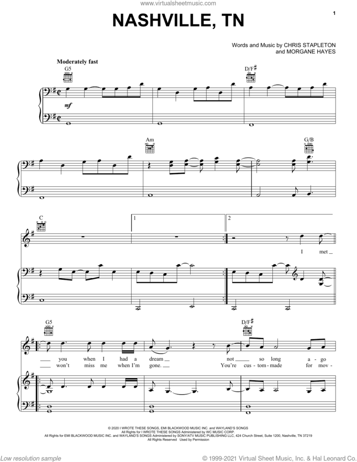 Nashville, TN sheet music for voice, piano or guitar by Chris Stapleton and Morgane Hayes, intermediate skill level