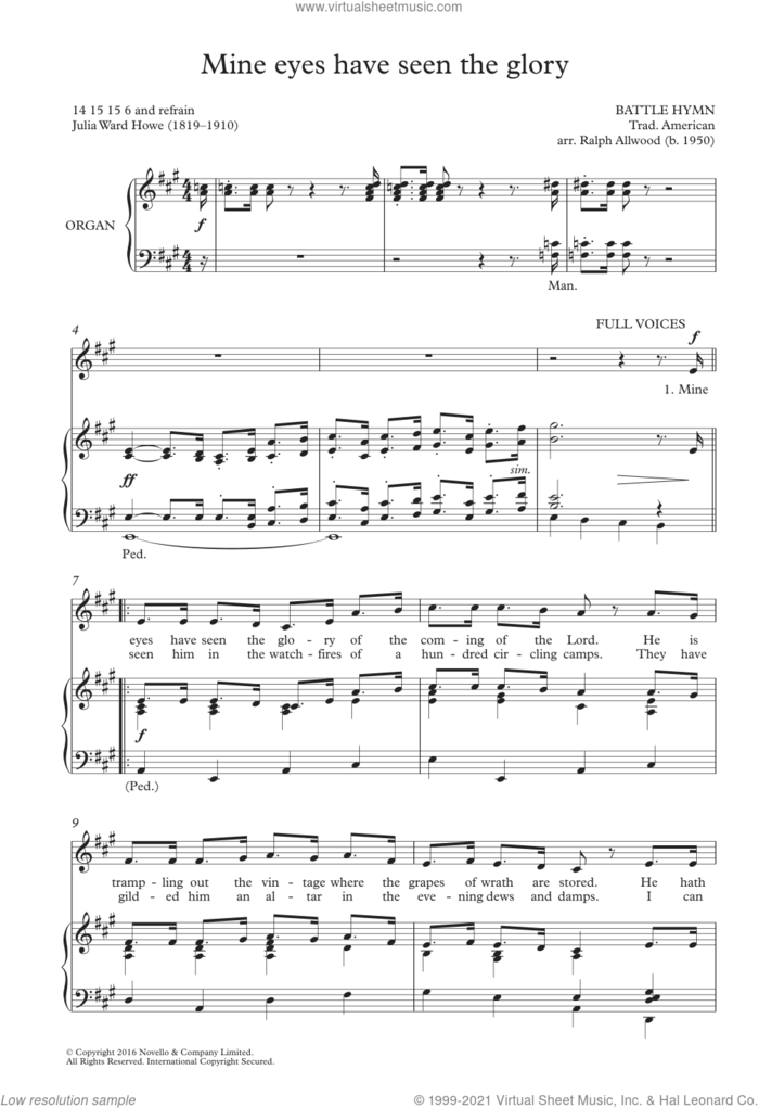 Mine Eyes Have Seen The Glory (arr. Ralph Allwood) sheet music for choir (SATB: soprano, alto, tenor, bass) , Ralph Allwood and Julia Ward Howe, classical score, intermediate skill level