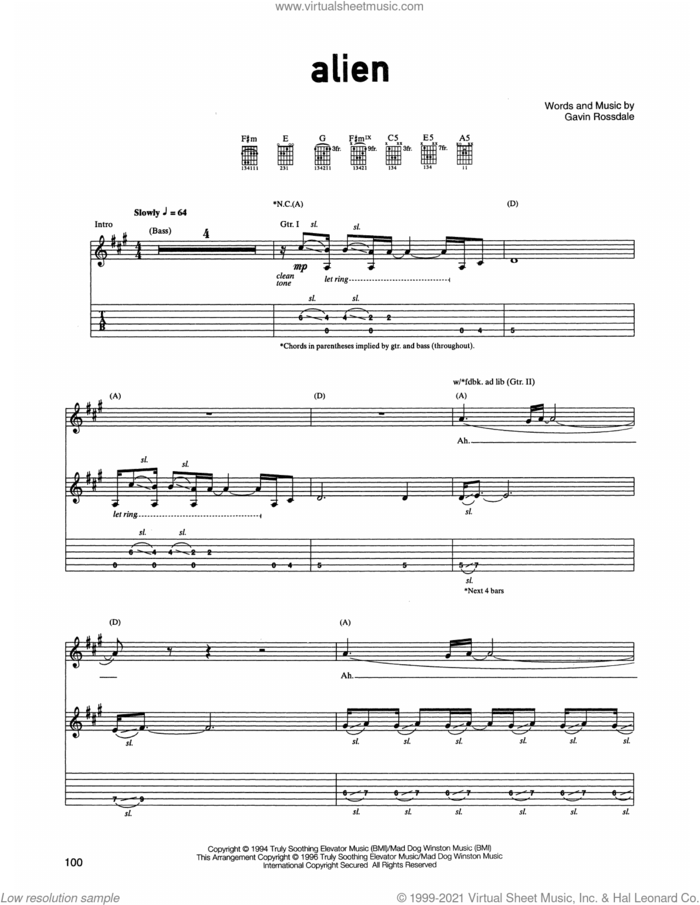 Alien sheet music for guitar (tablature) by Gavin Rossdale, intermediate skill level
