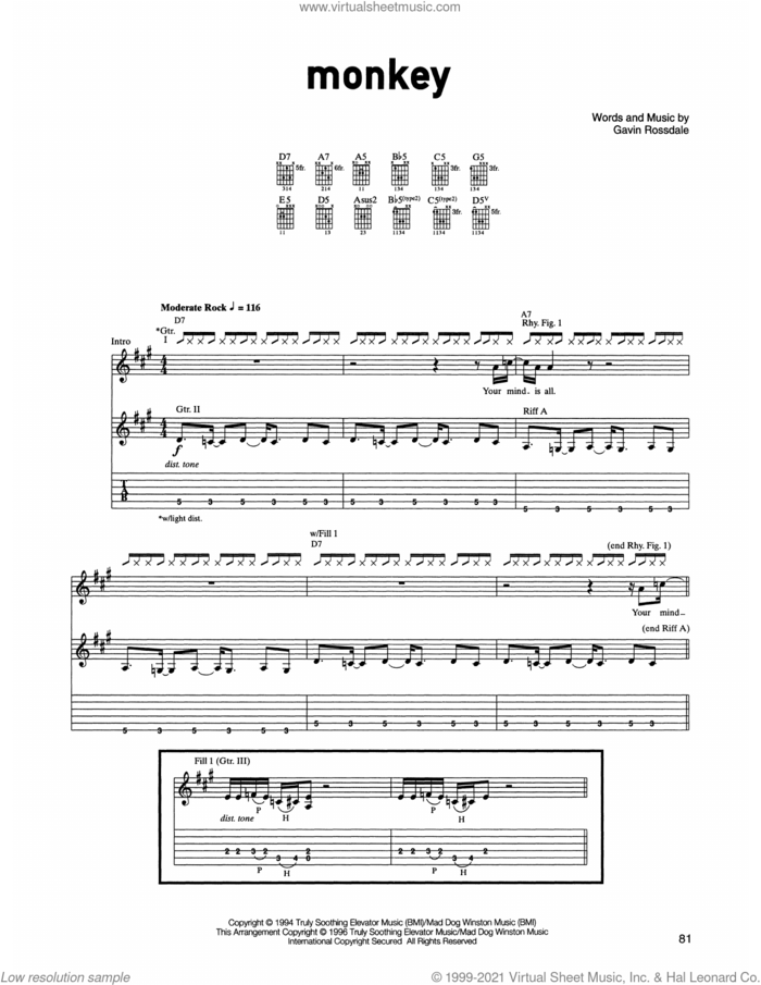 Monkey sheet music for guitar (tablature) by Gavin Rossdale, intermediate skill level