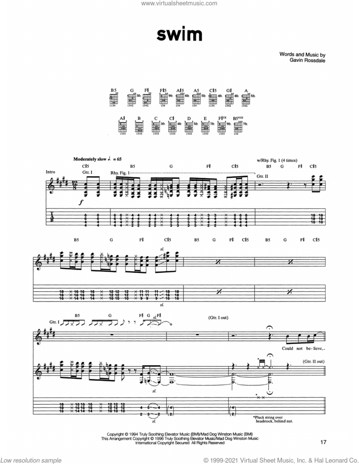 Swim sheet music for guitar (tablature) by Gavin Rossdale, intermediate skill level