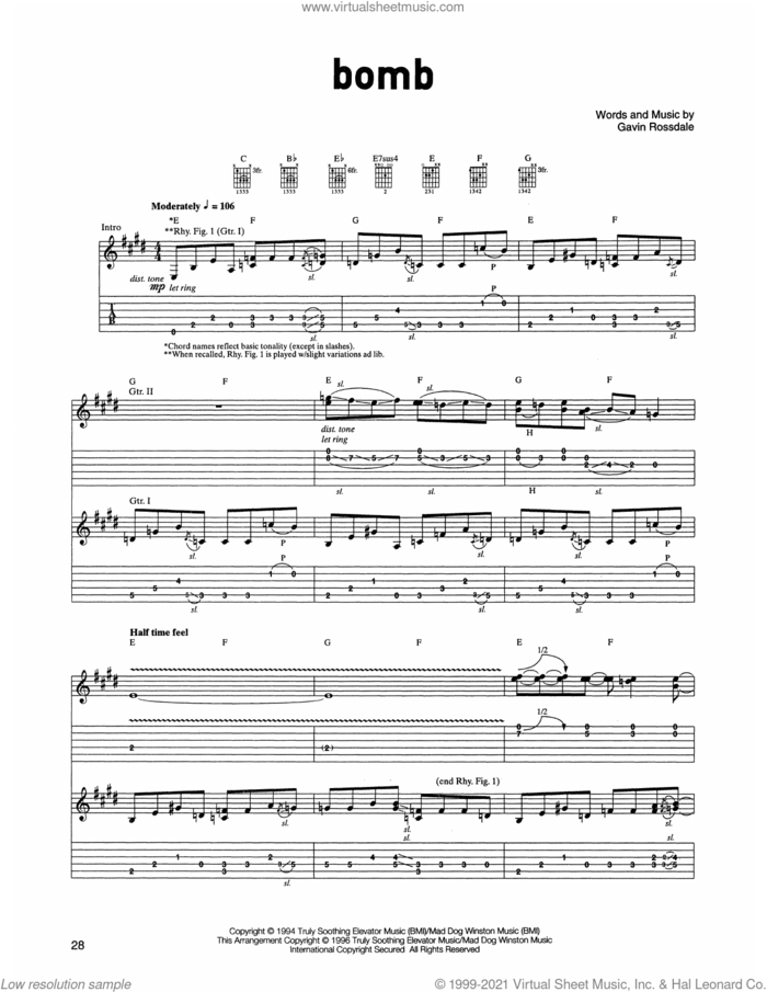 Bomb sheet music for guitar (tablature) by Gavin Rossdale, intermediate skill level