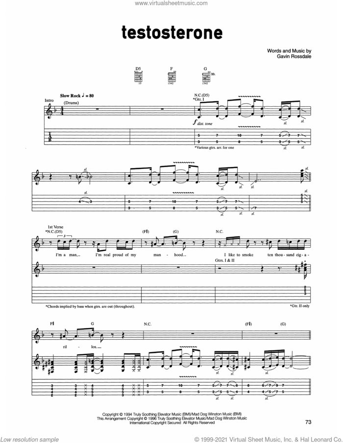 Testosterone sheet music for guitar (tablature) by Gavin Rossdale, intermediate skill level