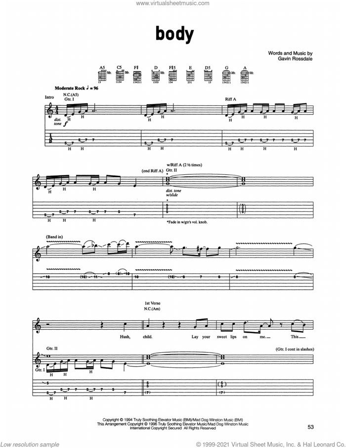Body sheet music for guitar (tablature) by Gavin Rossdale, intermediate skill level