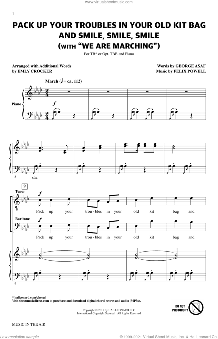 Pack Up Your Troubles In Your Old Kit Bag And Smile, Smile, Smile (from Music In The Air) sheet music for choir (TB: tenor, bass) by Emily Crocker, Felix Powell and George Asaf, intermediate skill level
