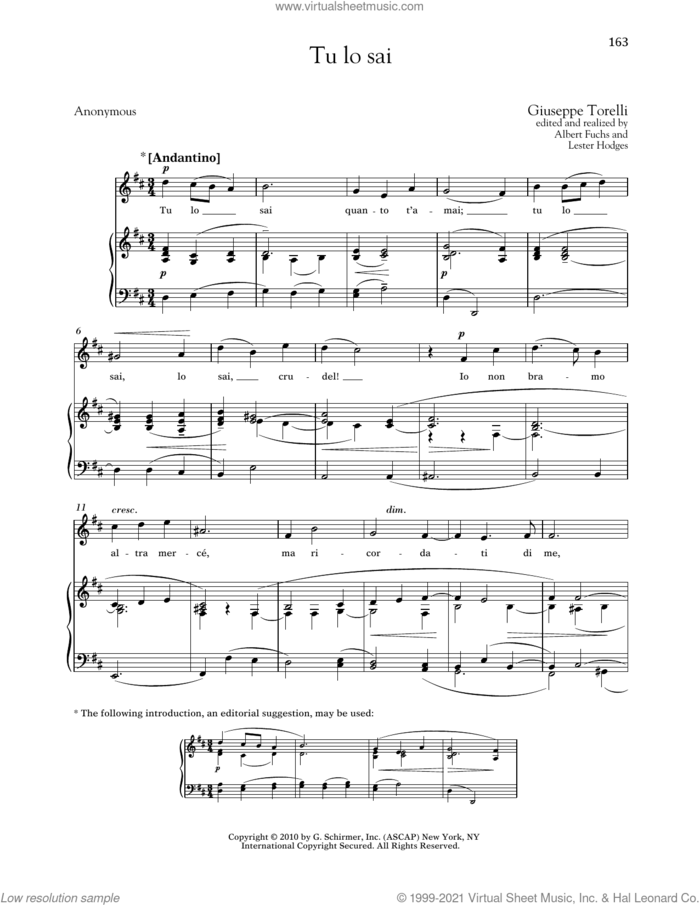 Tu Lo Sai sheet music for voice and piano (Medium ) by Giuseppe Torelli, Albert Fuchs, Lester Hodges, Richard Walters and Anonymous, classical score, intermediate skill level