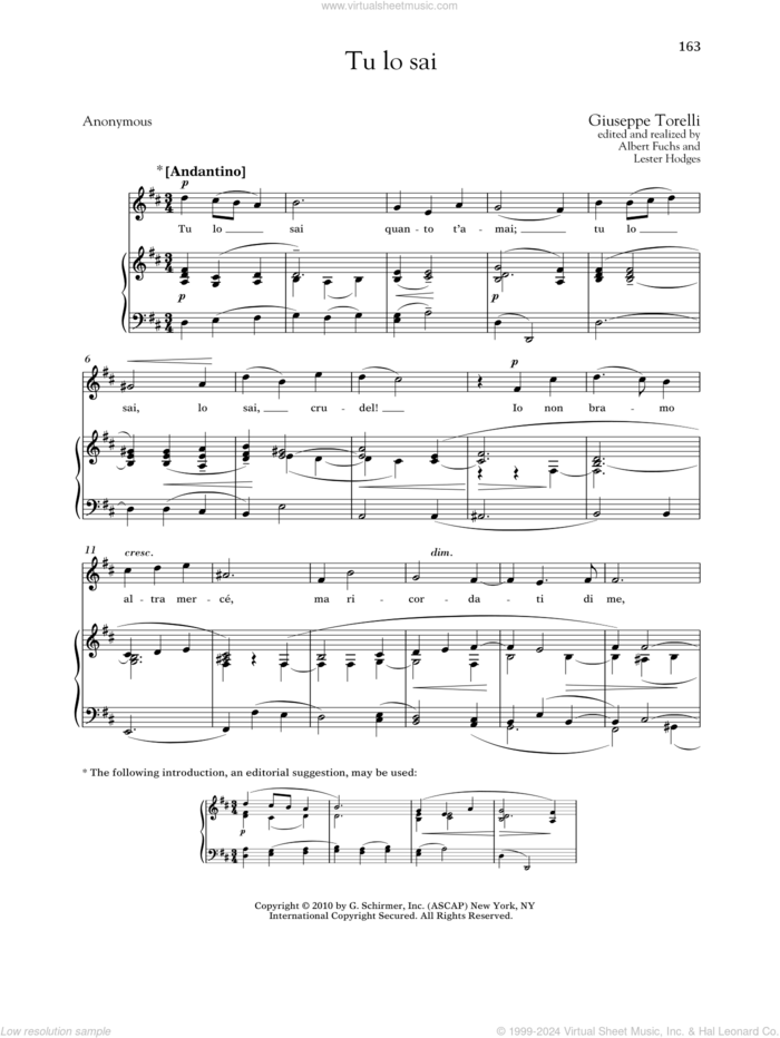 Tu Lo Sai sheet music for voice and piano (Medium ) by Giuseppe Torelli, Albert Fuchs, Lester Hodges, Richard Walters and Anonymous, classical score, intermediate skill level