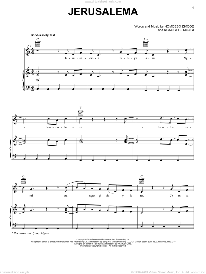 Jerusalema (feat. Nomcebo Zikode) sheet music for voice, piano or guitar by Master KG, Kgaogelo Moagi and Nomcebo Zikode, intermediate skill level