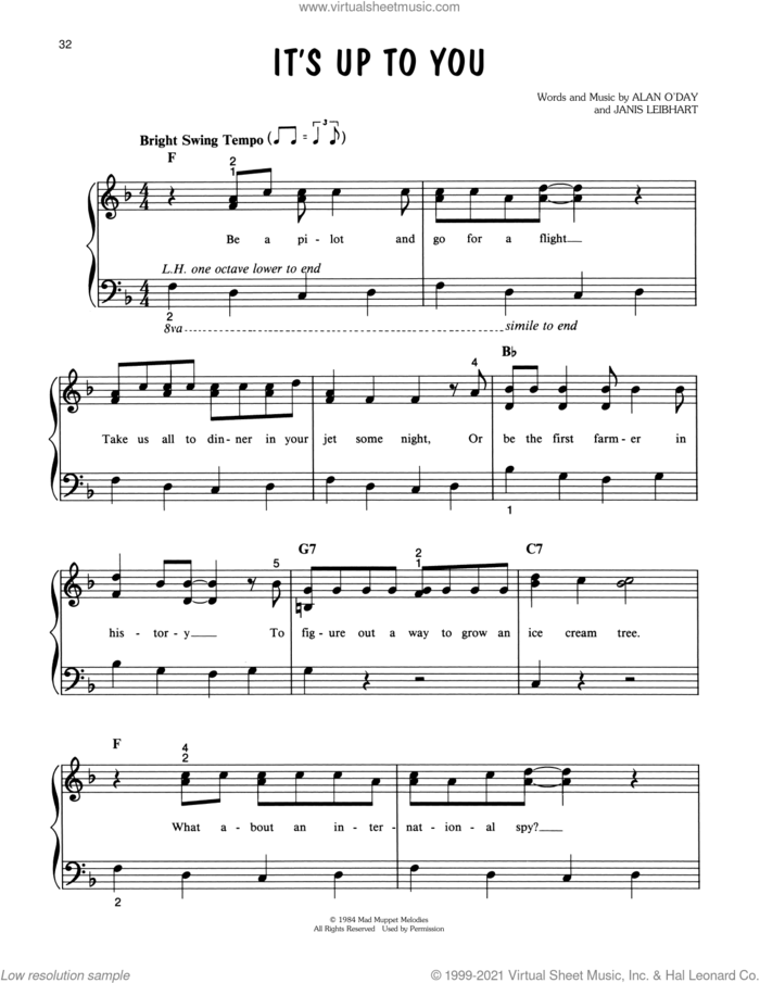 It's Up To You (from Muppet Babies) sheet music for piano solo by Jim Henson and Janis Leibhart, easy skill level
