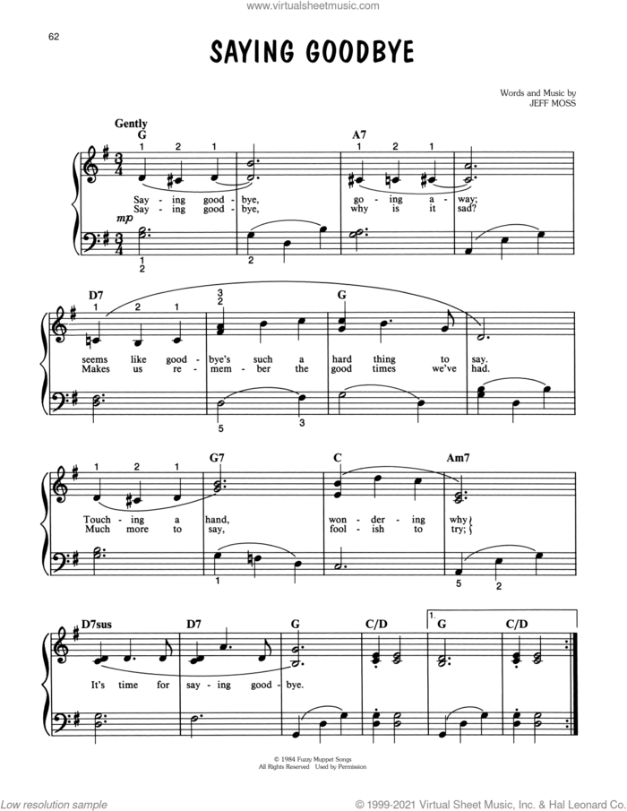 Saying Goodbye (from The Muppets Take Manhattan) sheet music for piano solo by Jim Henson and Jeff Moss, easy skill level
