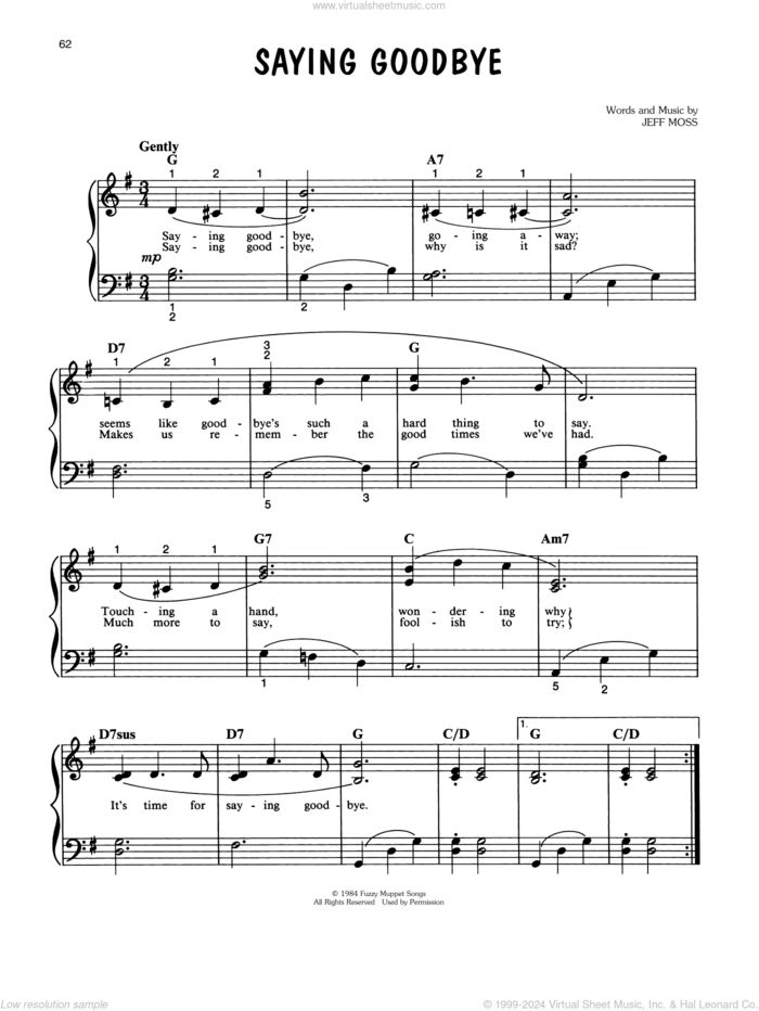 Saying Goodbye (from The Muppets Take Manhattan) sheet music for piano solo by Jim Henson and Jeff Moss, easy skill level