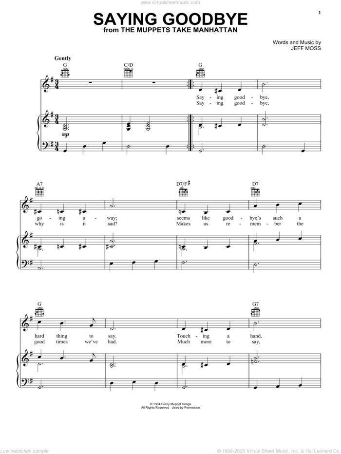 Saying Goodbye (from The Muppets Take Manhattan) sheet music for voice, piano or guitar by Jim Henson and Jeff Moss, intermediate skill level