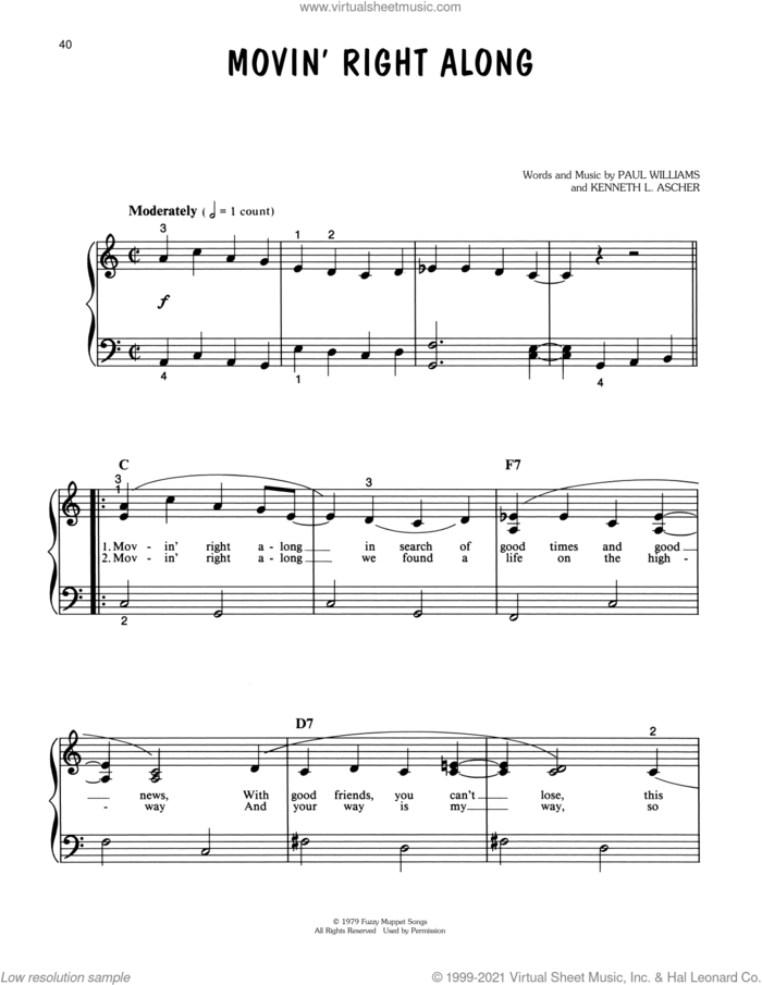 Movin' Right Along (from The Muppet Movie) sheet music for piano solo by Jim Henson, Kenneth L. Ascher and Paul Williams, easy skill level