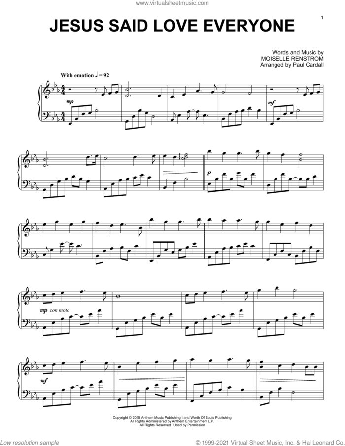 Jesus Said Love Everyone sheet music for piano solo by Paul Cardall and Moiselle Renstrom, intermediate skill level