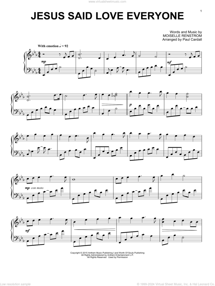 Jesus Said Love Everyone sheet music for piano solo by Paul Cardall and Moiselle Renstrom, intermediate skill level