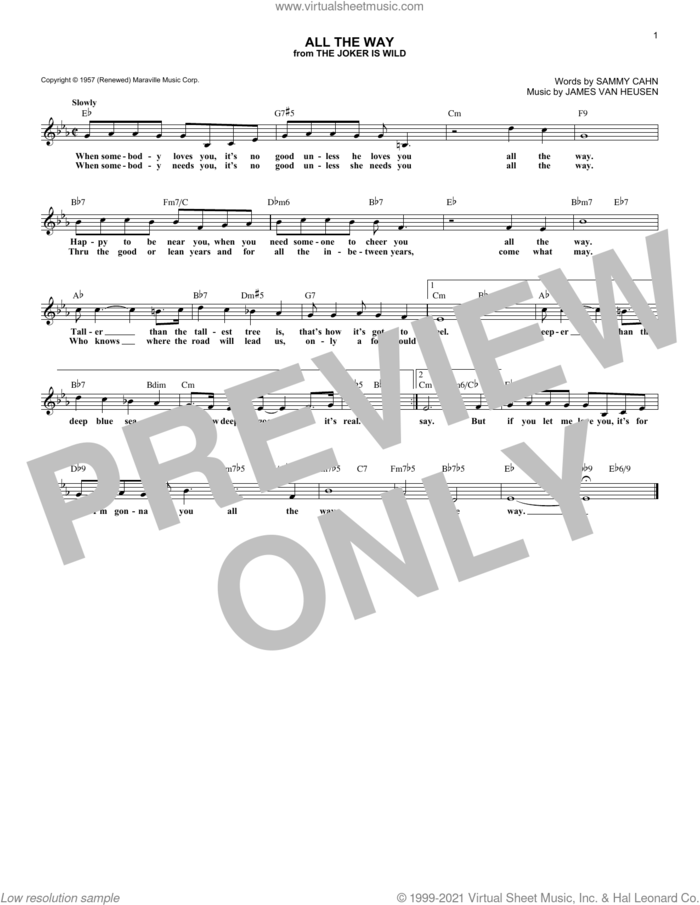 All The Way sheet music for voice and other instruments (fake book) by Frank Sinatra, Jimmy van Heusen and Sammy Cahn, intermediate skill level
