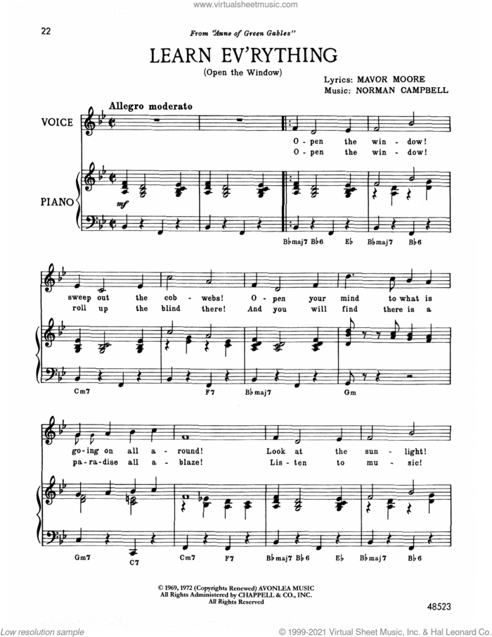 Learn Ev'rything (from Anne Of Green Gables) sheet music for voice and piano by Norman Campbell, Donald Harron and Mavor Moore, intermediate skill level