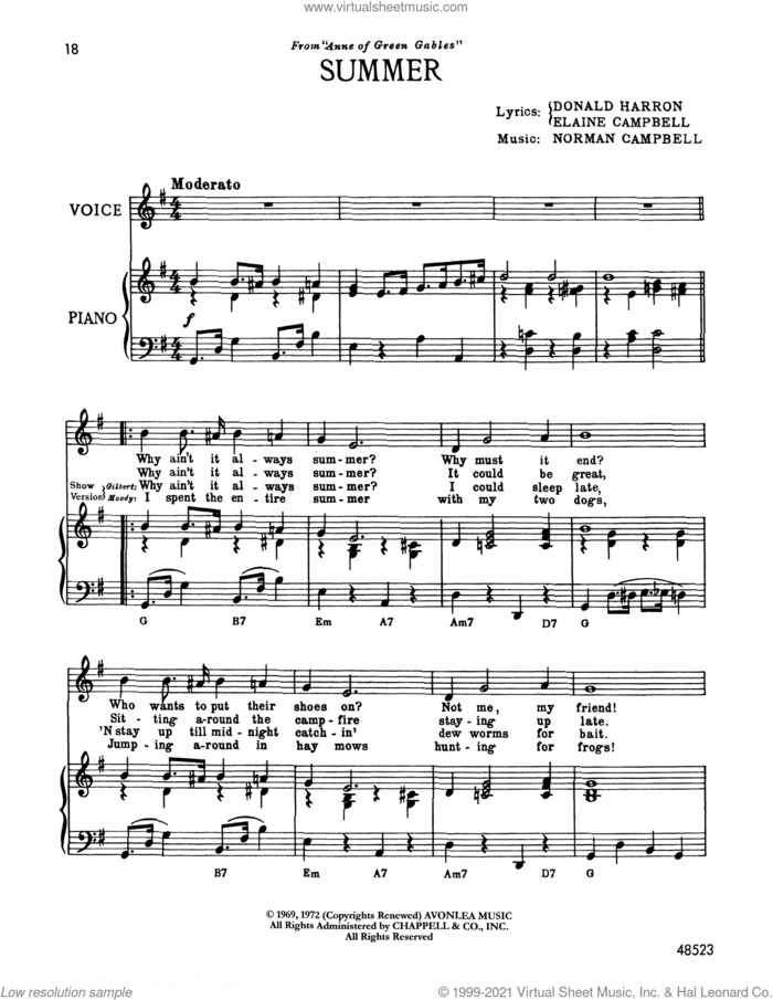 Summer (from Anne Of Green Gables) sheet music for voice and piano by Norman Campbell, Donald Harron and Elaine Campbell, intermediate skill level